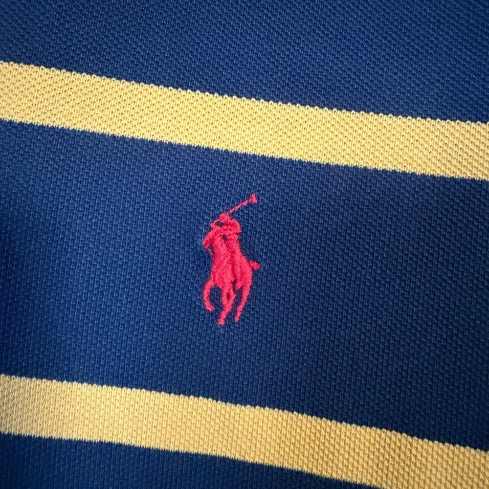 Polo Ralph Lauren Mens Large Navy Blue Yellow Striped Short Sleeve Pique Polo